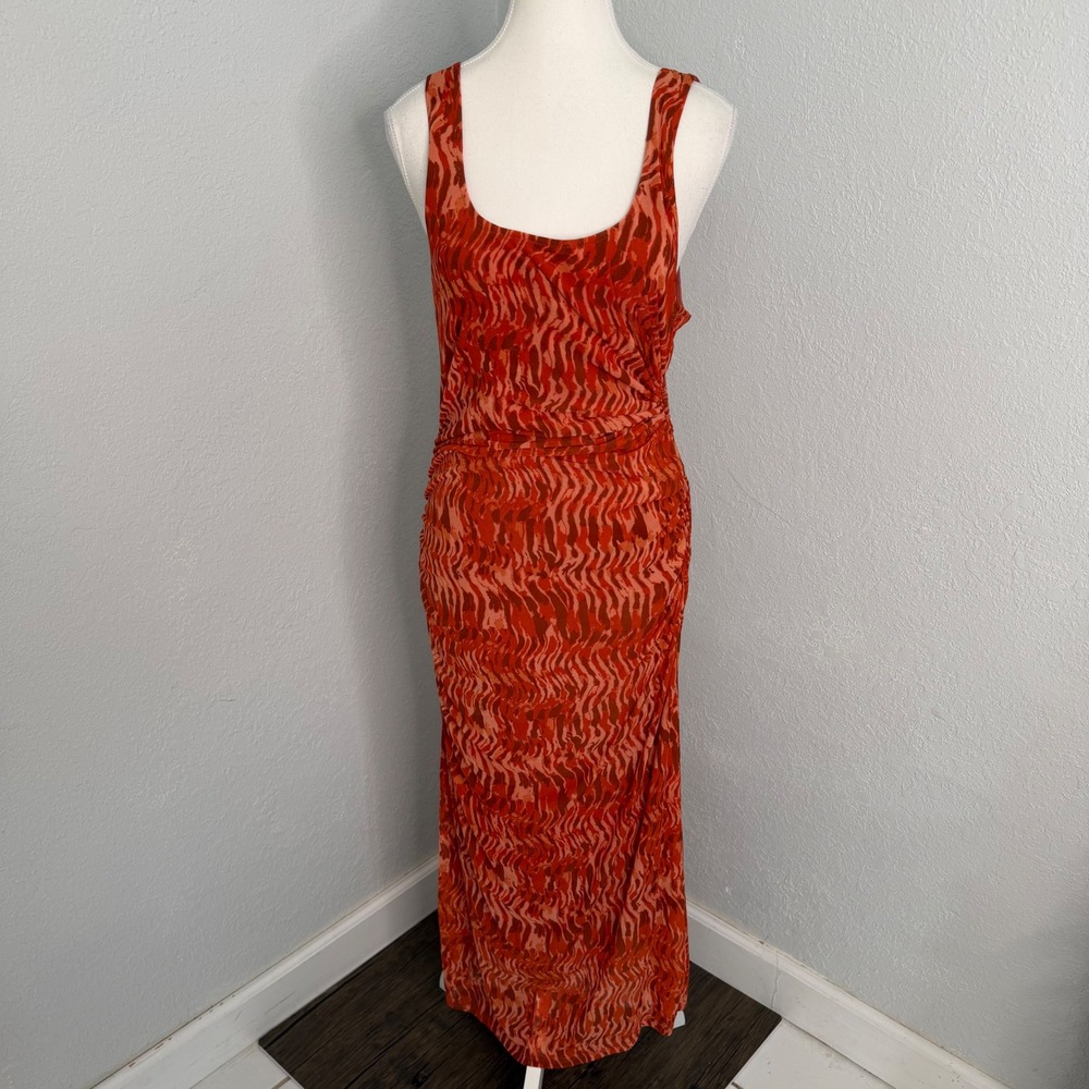 House of Harlow 1960 Orange Abstract Print Ruched Mesh Ring Maxi Dress Size M